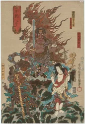 Fudo: Ichikawa Ebizo V como a imagem mística do centro Fudo Myoo, Ichikawa Saruzo Eu como Kongara doji direita e Ichikawa Komazo VII como Seitaka doji esquerda